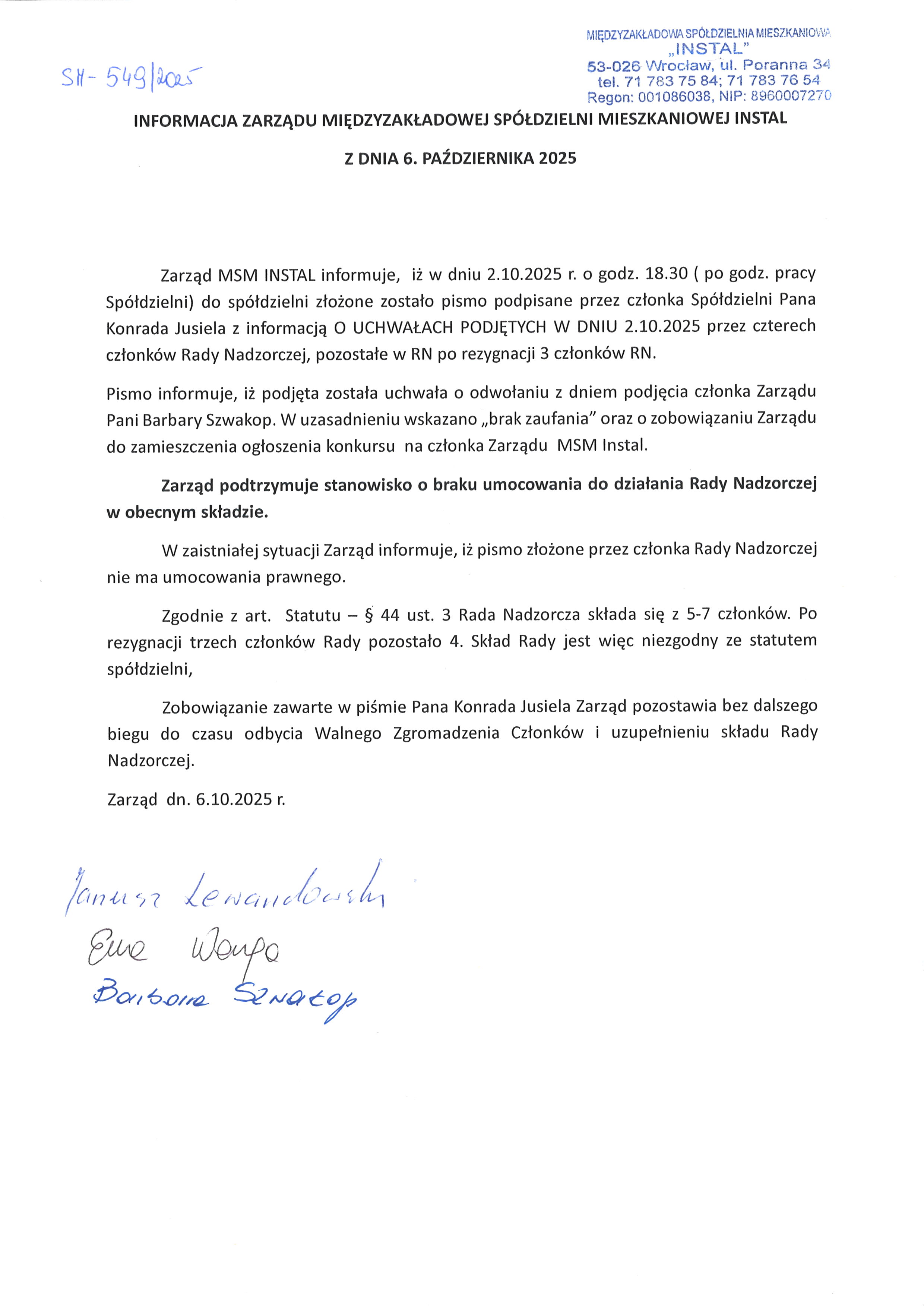 Informacja Zarządu MSM INSTAL