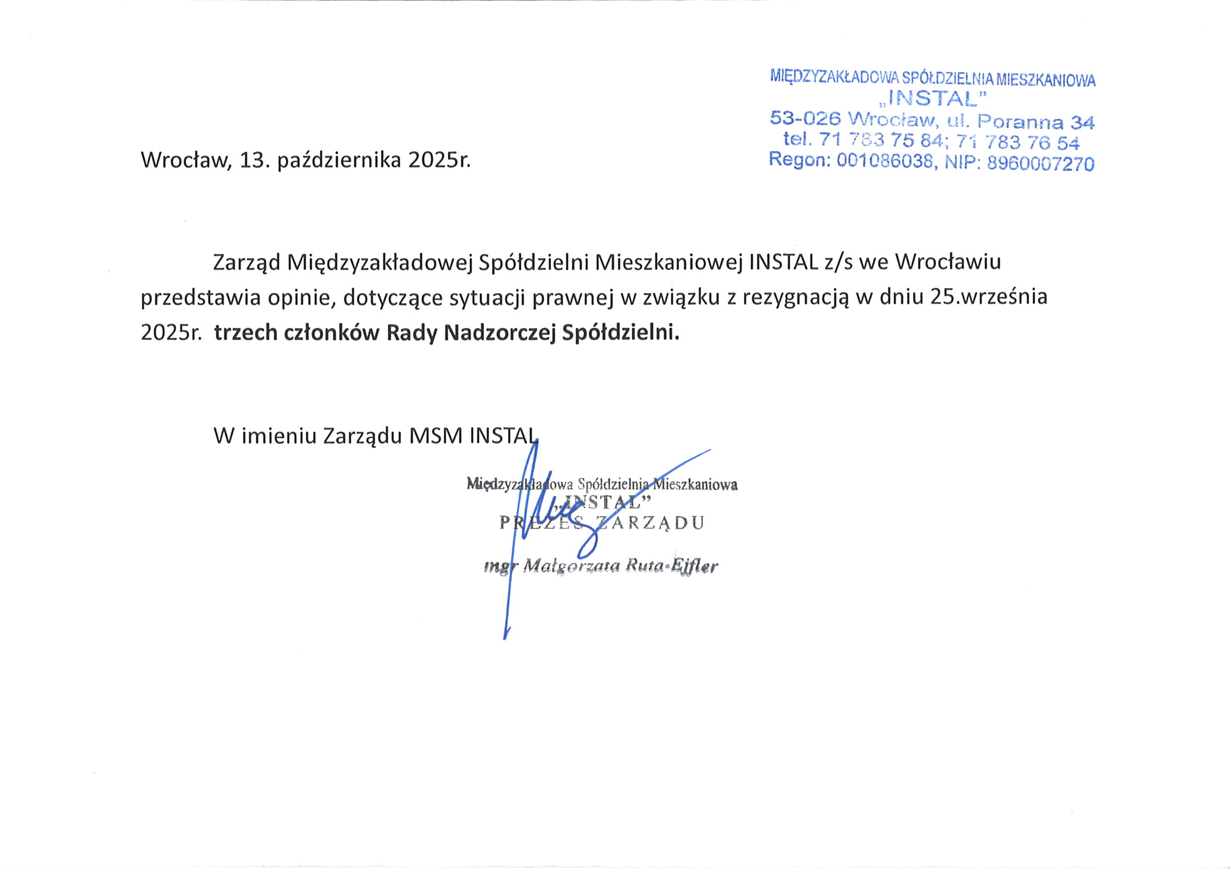 Informacja dotycząca sytuacji prawnej RN MSM INSTAL