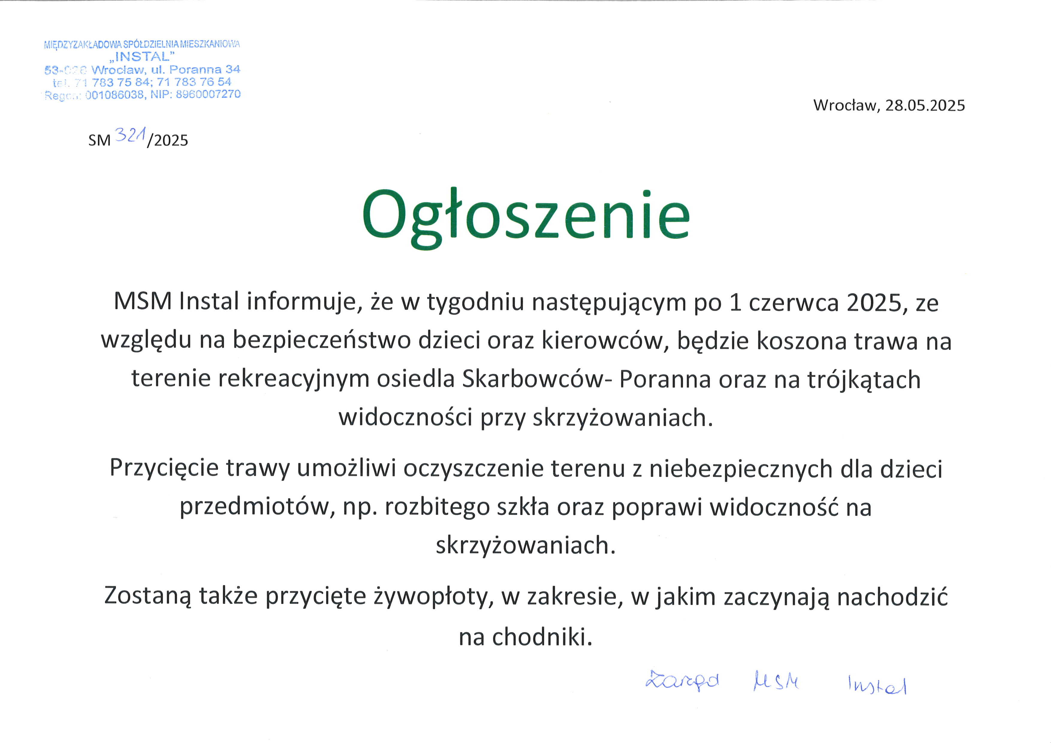 Ogłoszenie os. Skarbowców