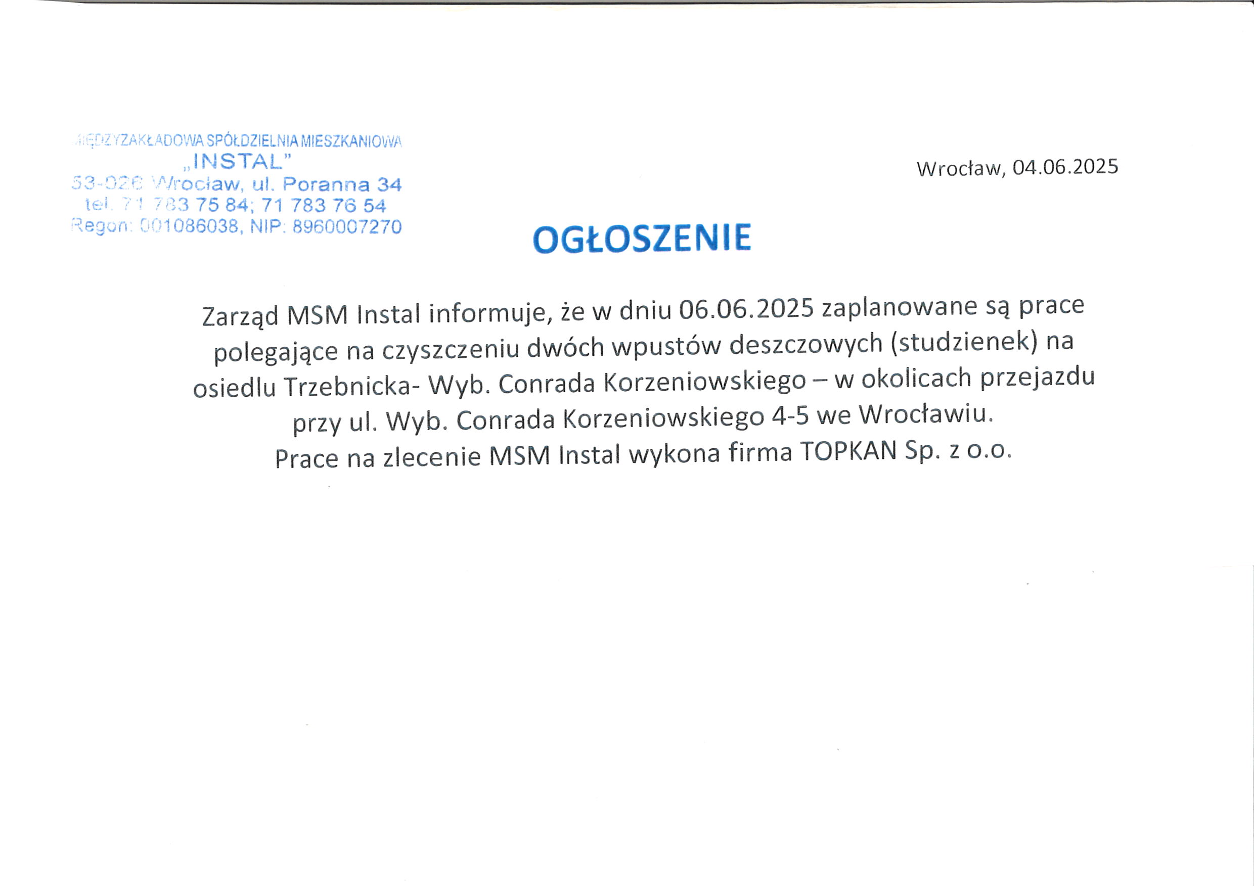 Ogłoszenie czyszczenie studzienek os. Trzebnicka Wyb. C. Korzeniowskiego