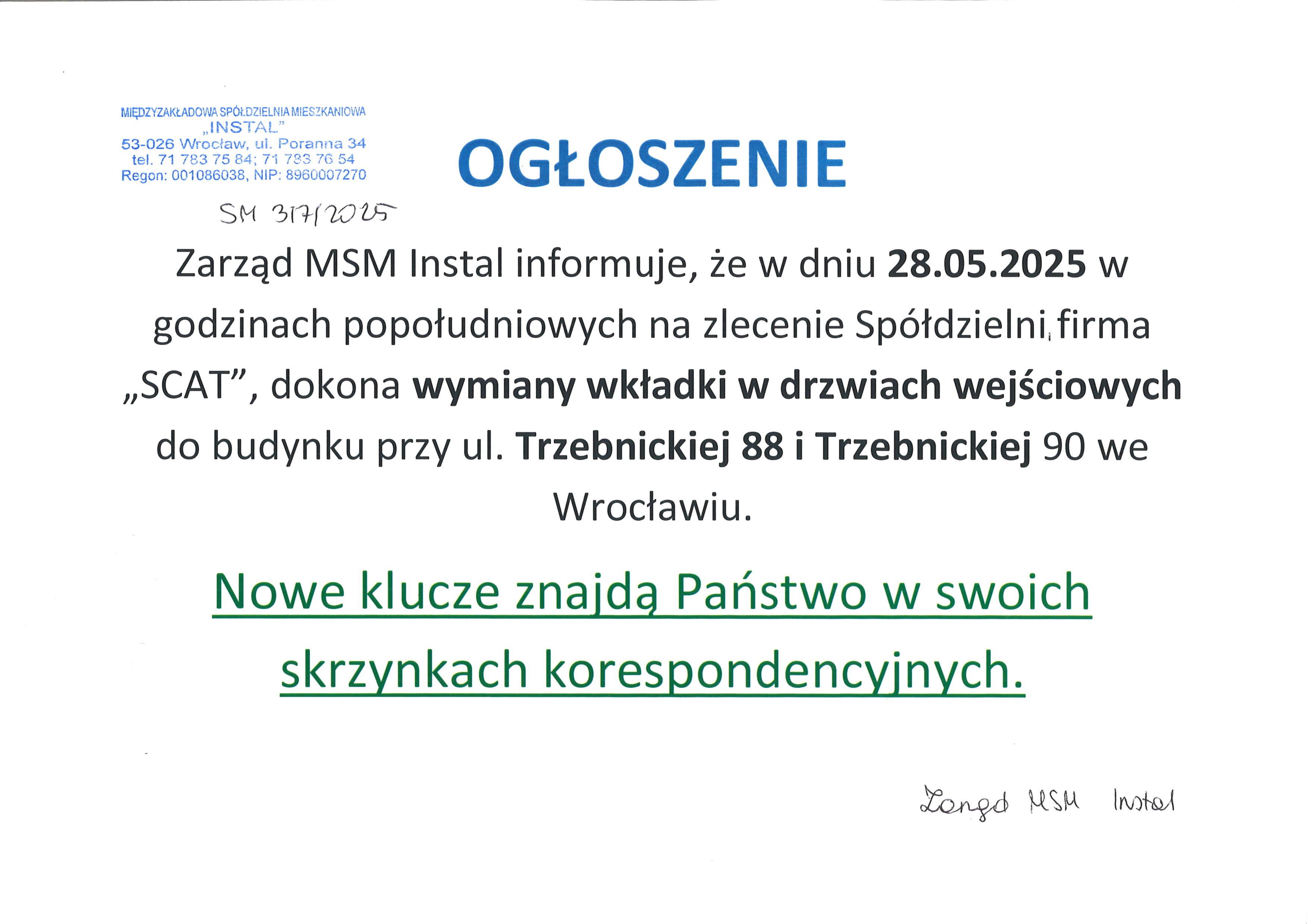 Ogłoszenie os. Trzebnicka 88 90