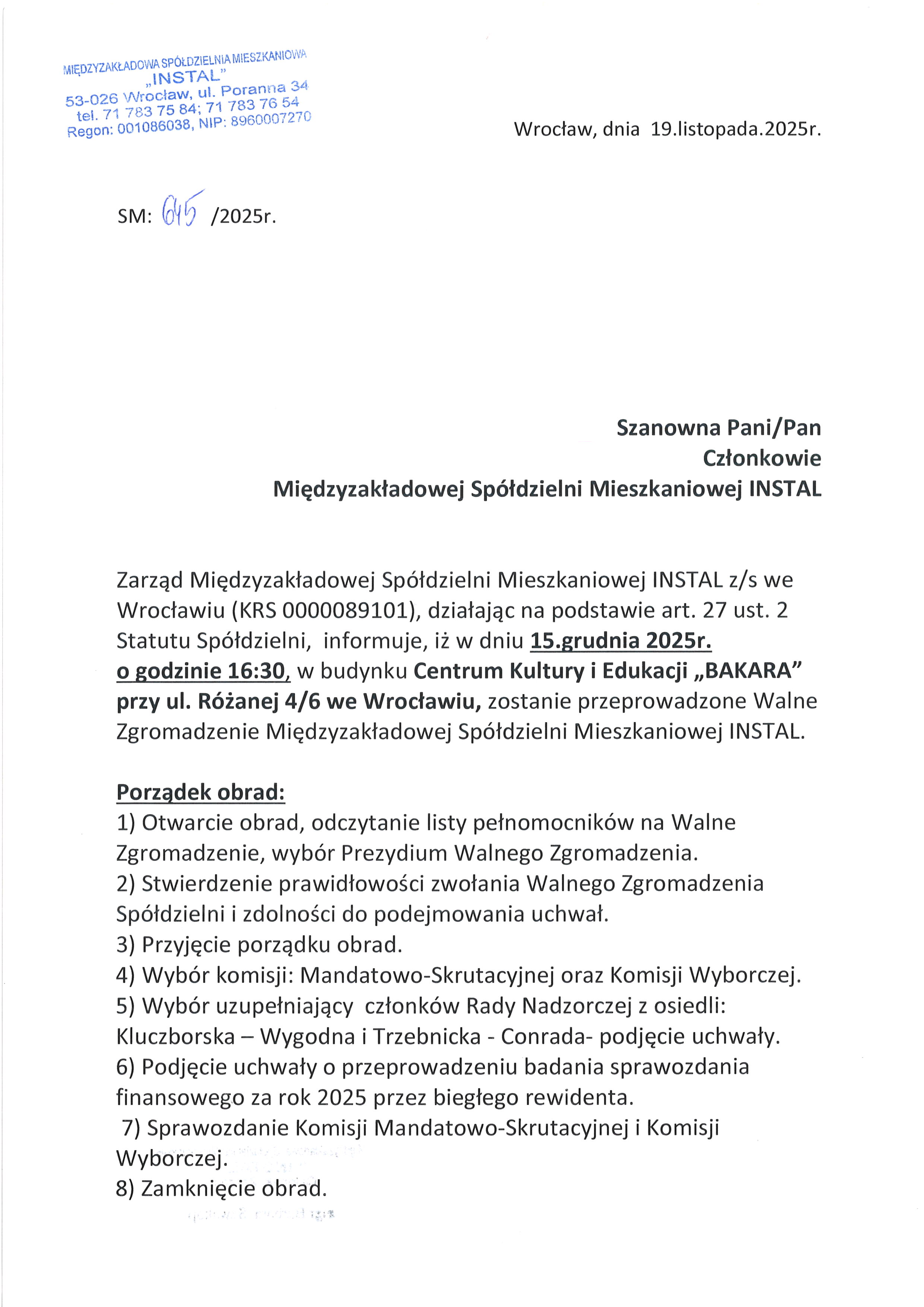 Zawiadomienie o Walnym Zgromadzeniu Członków MSM INSTAL str1