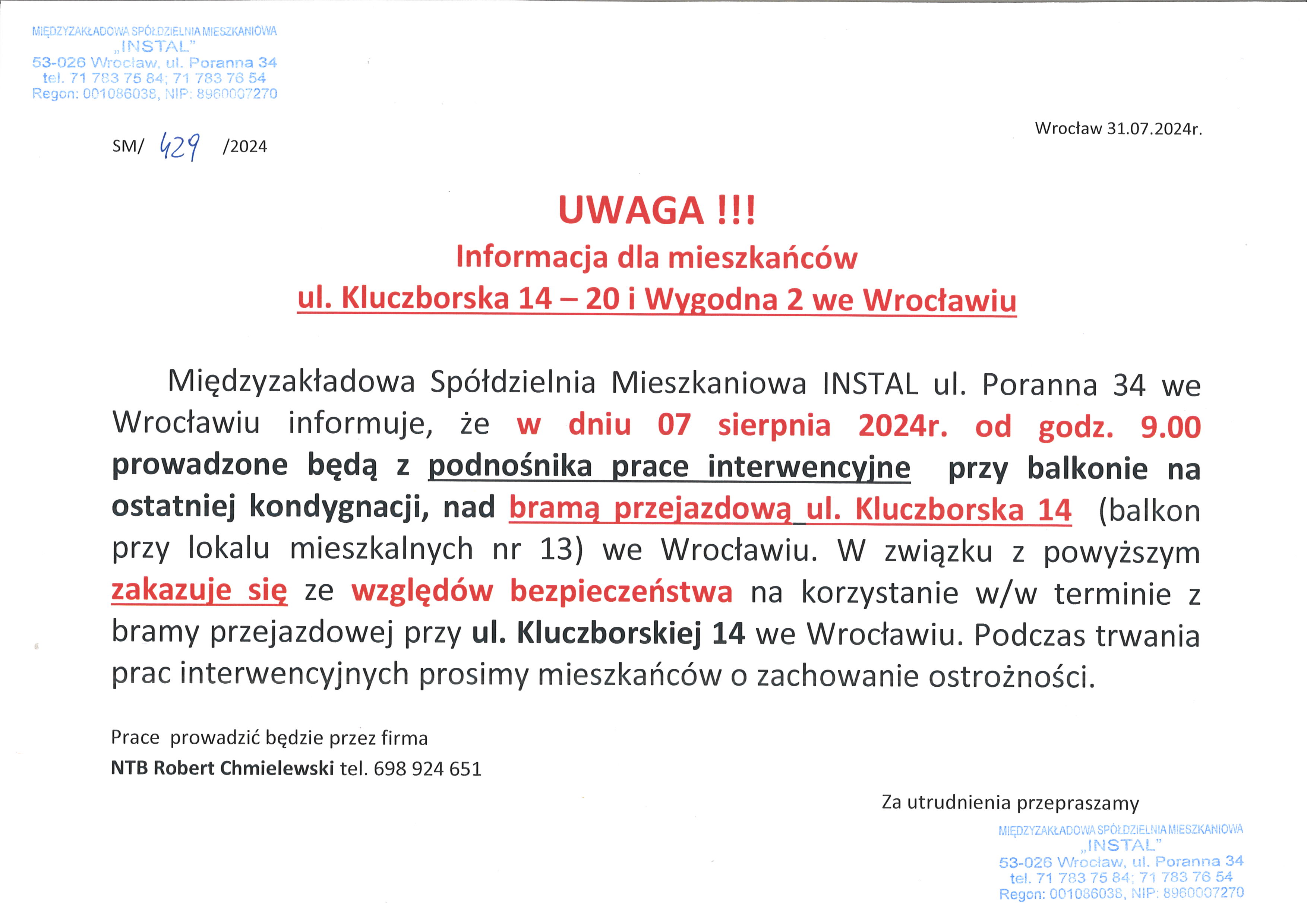 informacja dla mieszkańców Kluczborska Wygodna 31 07 2024