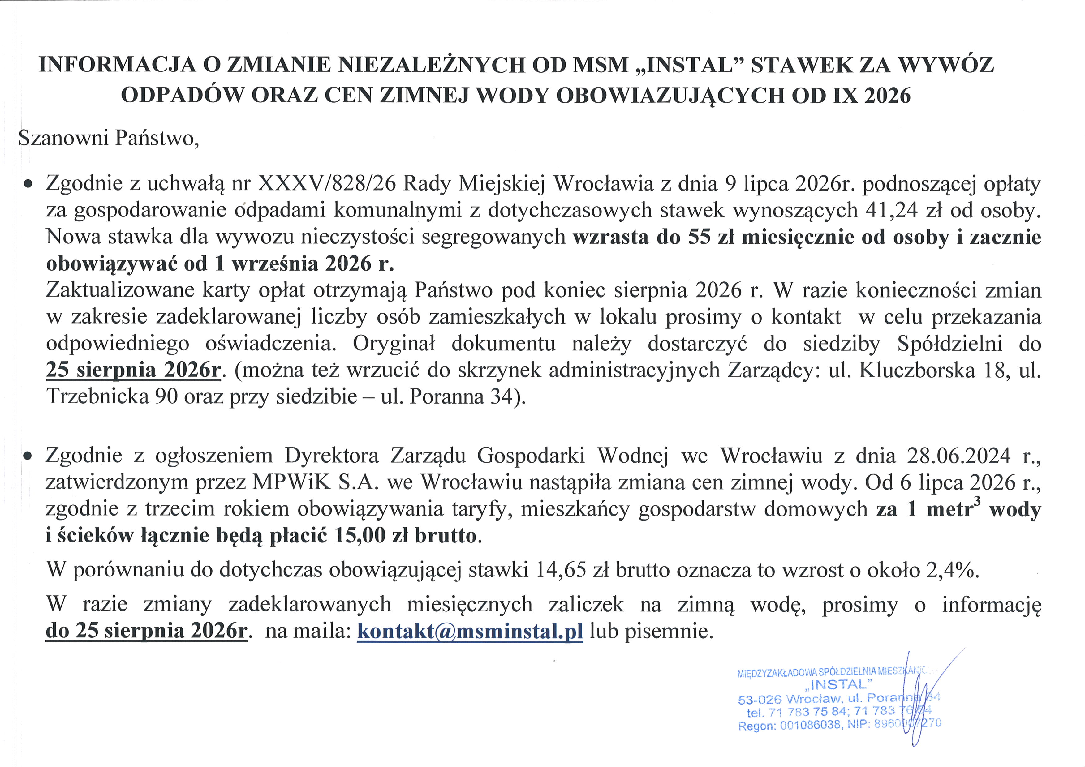 informacka o zmianie stawek opłat od września 2026
