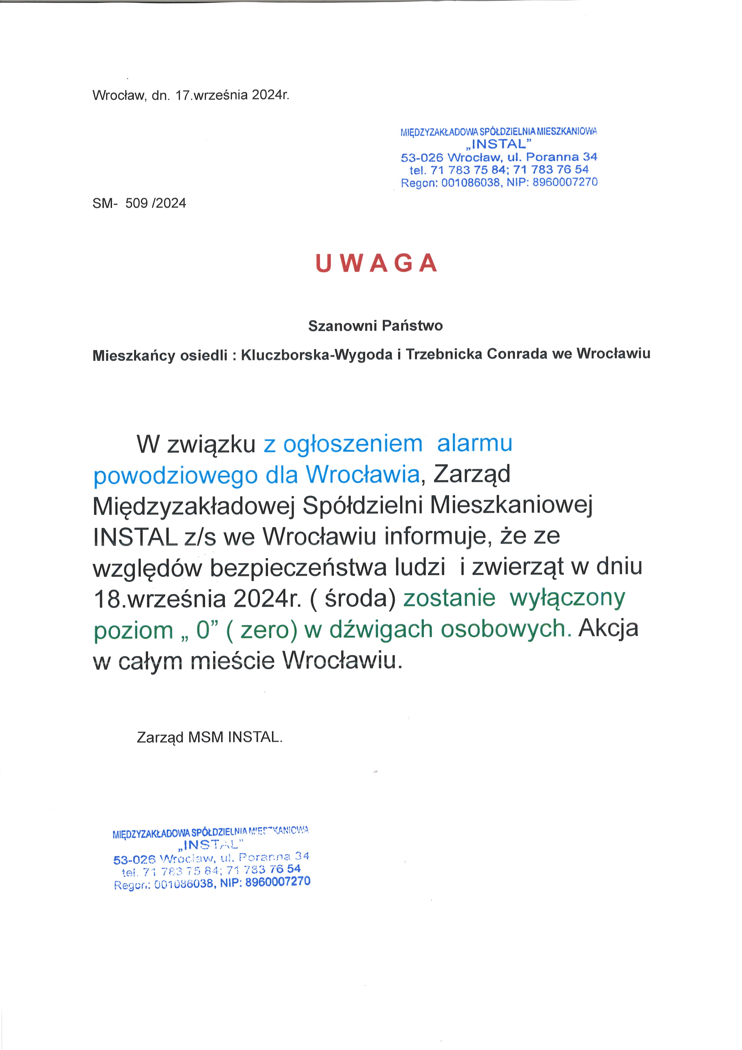 ogłoszenie dot. alarmu powodziowego aktualizacja