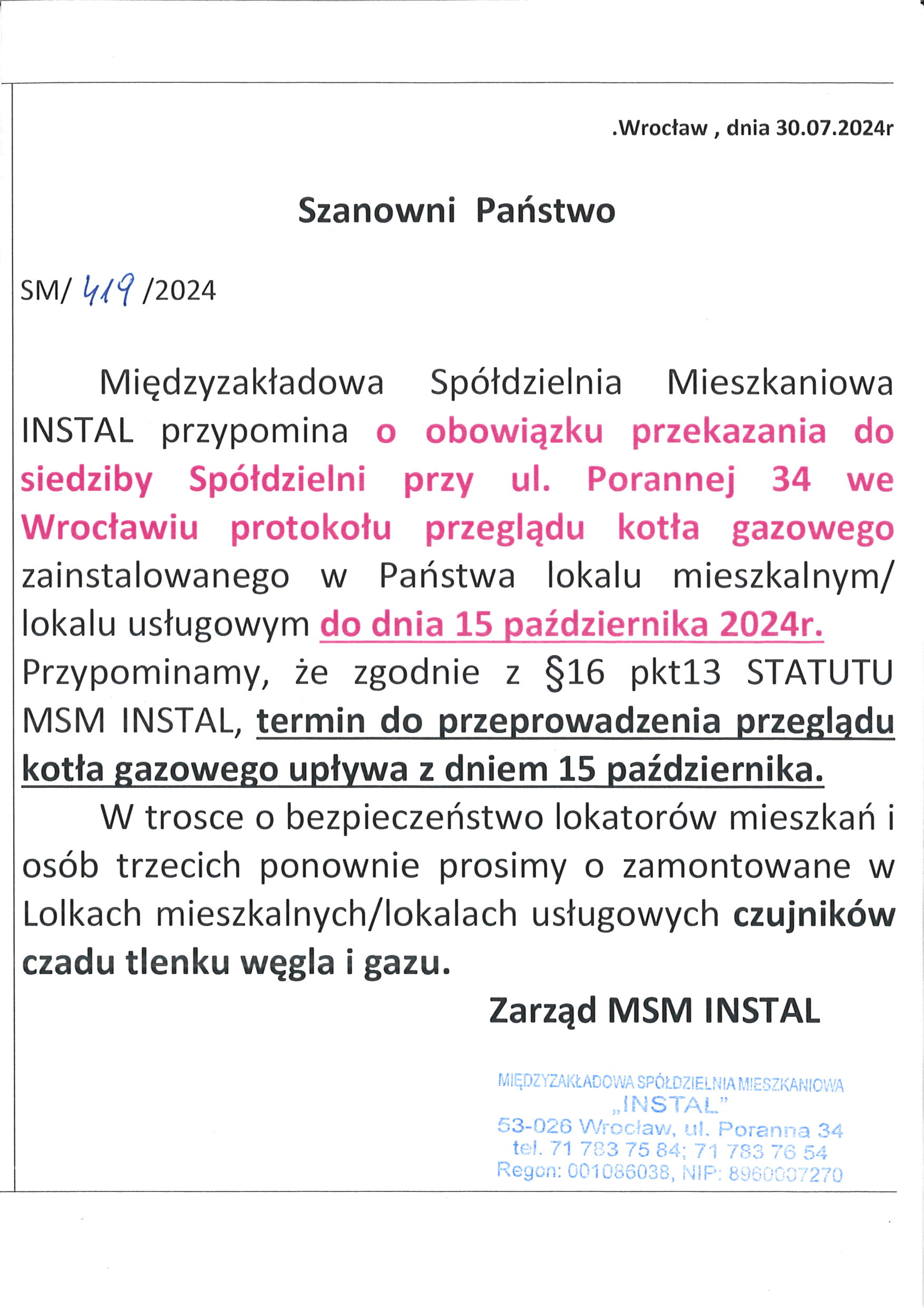 ogłoszenie os. Skarbowców 29 07 2024