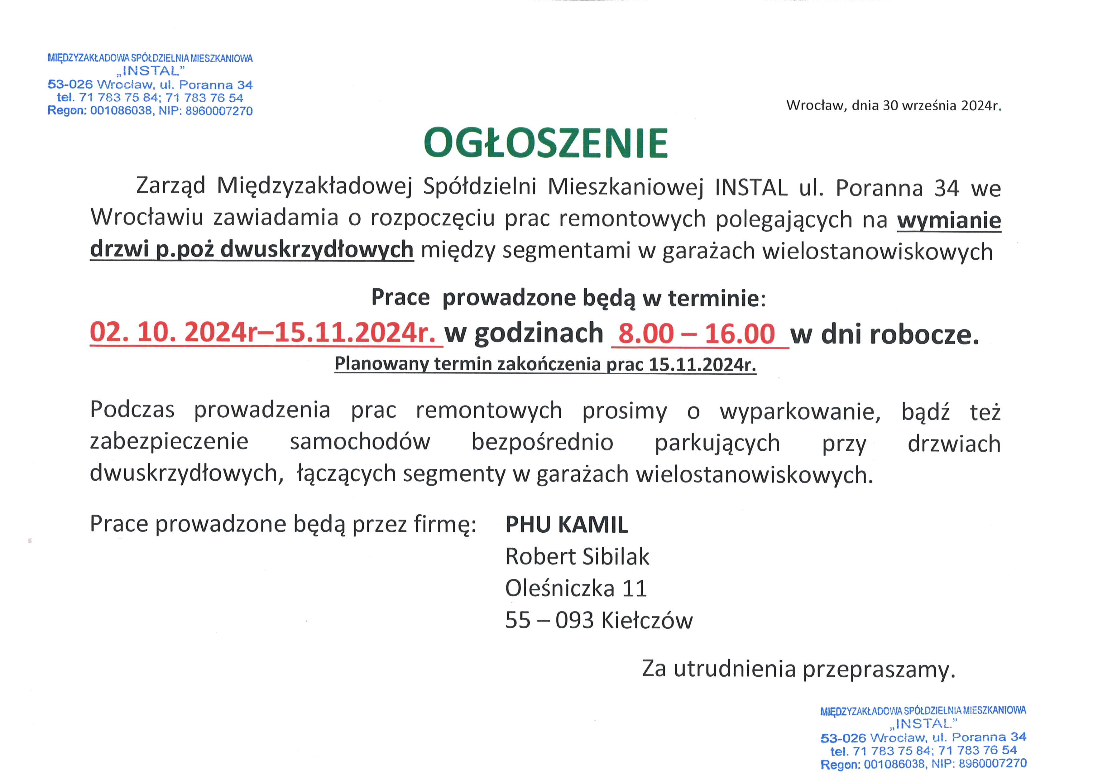 ogłoszenie os. Skarbowców 30 09 2024